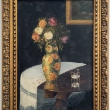 אישטוואן סיגטי  (1891-196) - 'טבע דומם עם כד פרחים וכוס מים' - ציור שמן על לוח