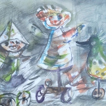 יוסל ברגנר (Yosl Bergner) - 'צעצועים' - רישום עיפרון ואקוורל על נייר, חתום