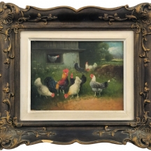 'תרנגולות בחצר' - ציור שמן על לוח, לא חתום, אמן לא ידוע