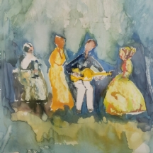 יוסף קוסונוגי (Joseph Kossonogi) - ' נגן ושתי נשים בצהוב'