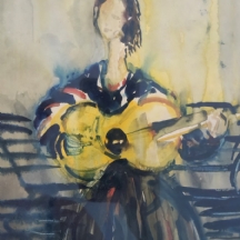 יוסף  קוסונוגי (Joseph Kossonogi) 'נגנית על ספסל עם גיטרה צהובה'