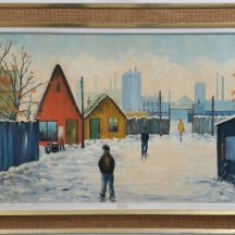 דמויות בעיירה מושלגת, שמן על בד, לא חתום