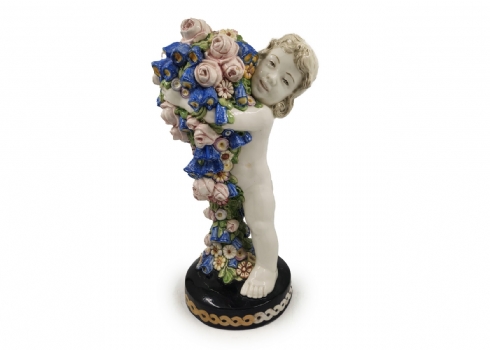 קארל קלימט (קרמיקאי, Carl Klimt) - פסל חרסינה בדמות פוטי אוחז תפרחת, לא חתום