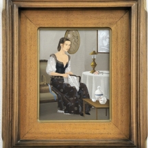 לריסה הלר - 'אישה רוקמת ליד עששית' - ציור שמן על בד צרפתי, חתום