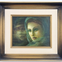 רינה סוצקבר (Rina Sutzkever) - 'השתקפות של אישה עם צעיף' - ציור שמן על לוח, חתום