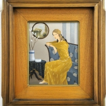 לריסה הלר - 'אישה בקצה ספה פרחונית כחולה', שמן על בד צרפתי מוצמד ללוח חתום