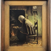 יורם לוקוב (Yoram Lokov) - 'אישה מתחממת מול אח' - שמן על בד צרפתי, חתום