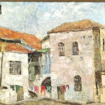 'כביסה על חבל' - ציור שמן על בד, חתום: T. Berman ומתוארך: 1976