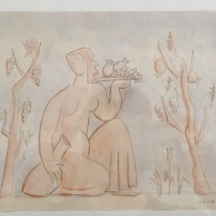 אהרון פריבר (Aaron Priver) - 'אישה עם טנא', רישום על נייר, חתום.