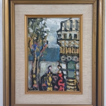 יעקב וכסלר (Jacob Wexler) - 'שתי נשים על ספסל בחיפה' - שמן על לוח, חתום