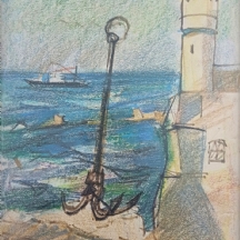 יעקב איזנשר (Jacob Eisensher) - 'עוגן בנמל יפו' - רישום טוש וגירי פנדה על נייר