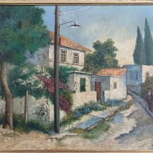 זאב קון (1930-2024) - 'עמוד תאורה ליד בית לבן' - ציור גדול, שמן על בד, חתום