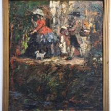 ציור ספרדי עתיק, שמן על בד, מוצמד ללוח קרטון, חתום בחותמת אמן לא קריאה