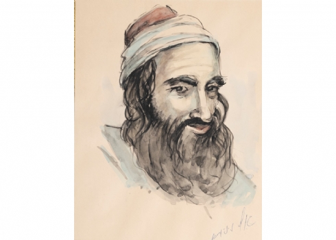 פורטרט גבר תימני, רישום ואקוורל על נייר, חתום