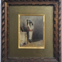 ציור אוריינטליסטי עתיק, המתאר אישה שחורה מול מראת איפור, שמן על לוח