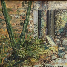 'קקטוס בכניסה לבית'- שמן על לוח, חתום בפינה