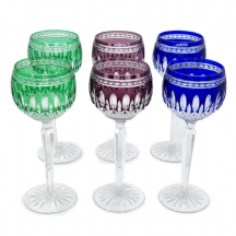 סט של 6 גביעי קריסטל צבעוניים, מעוטרים בליטוש מסוג Cut to clear