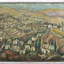 יונה בן משה - 'כפר בדרך לירושלים' - ציור שמן על בד, חתום ומתוארך בגבו: 1976