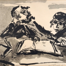 משה ברנשטיין (1920-2006) - 'לימוד תורה' - צבעי מים וגואש שחור על נייר, חתום