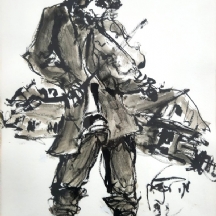 משה ברנשטיין (1920-2006) - 'קלייזמר יהודי מנגן על כינור' אקוורל וגואש על נייר