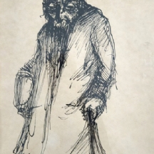 משה ברנשטיין (1920-2006) - 'יהודי עם מקל הליכה', רישום דיו על נייר, חתום