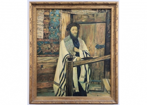 'יהודי בבית הכנסת' - ציור על פי ציורו הנודע של הצייר ההונגרי איזידור קאופמן