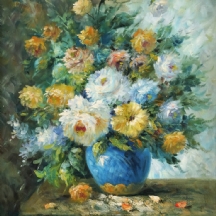 'זר פרחים בכד כחול' - ציור שמן על בד צרפתי, חתום