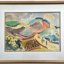 שמשון הולצמן (Shimshon Holzman) - 'נוף' - רישום בעיפרון ואקוורל על נייר, חתום