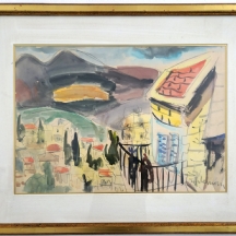 שמשון הולצמן (Shimshon Holzman) - 'נוף עירוני' - רישום בעיפרון ואקוורל על נייר