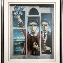 יוסל ברגנר - 'זוג בחלון ופרפר כחול', ליטוגרפיה יפה וגדולה חתומה בעיפרון