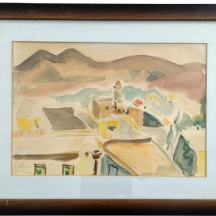 שמשון הולצמן (Shimshon Holzman), 'נוף עם מגדל' - רישום בעיפרון ואקוורל על נייר