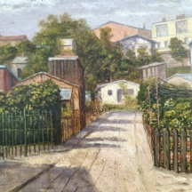 'בתים וגדרות' - ציור שמן על לוח, חתום: F. Aisandier