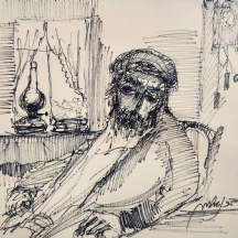 משה ברנשטיין (1920-2006) - יהודי נח לצד עששית, רישום טוש על נייר, חתום