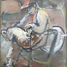 'גבר עם כובע אדום יושב על כיסא' - אקוורל על נייר, חתום רוזנטל