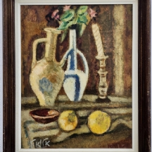 אריה אלואיל (Arieh Allweil) - ''טבע דומם עם שני כדים ופמוט' - ציור שמן על לוח