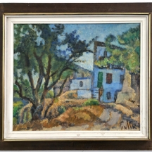 אריה אלואיל (Arieh Allweil) - ''בתים כחולים בצפת' - ציור שמן על לוח, חתום