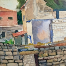 יצחק איגנץ' רייכר (1909) - 'חומת אבן בצפת' , אקוורל על נייר, חתום