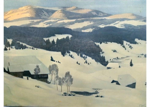 קרל ביזה (1863-1926, גרמניה) Karl Biese ליטוגרפיה עתיקה גדולה ויפה חתומה בפלטה