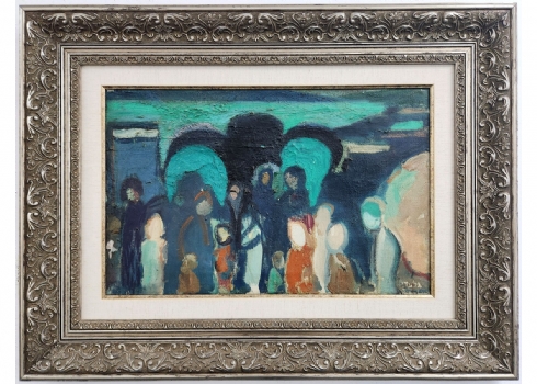 אהרון גלעדי (Aharon Giladi ,1907-1993) 'מתפללים בבית הכנסת הכחול בצפת'