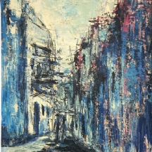 משה אגמון (ישראל-הולנד, נ. 1934) - 'רחוב בכחול', ציור שמן על בד, חתום