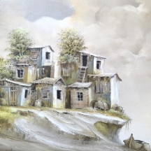 יעקב נובוגרודר (נ.1939) - 'סירה ובתים על דיונה' - ציור שמן על בד, חתום