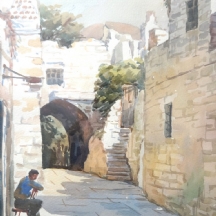 גרי כץ  - 'גבר בפתח חנות ביפו' - אקוורל על נייר, חתום