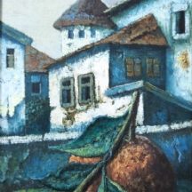 זאב קון (1930-2024) - 'תפוח ובתים' - שמן על בד צרפתי, חתום