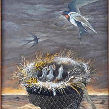 ברוך אלרון (1934-2006) - 'קן המלחמה' - שמן וטמפרה על לוח עץ, חתום