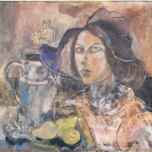 נעמי שרייבמן (1943-2020) - 'דיוקן עצמי עם אירוסים ונרקיסים' - שמן על בד, חתום