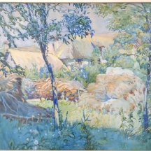 ר. מרקו (R. Marko, צ'כי) 'ערמות חציר בפאתי כפר' – אקוורל על נייר, חתום