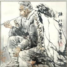 Zhang Xiuzhen - 'מעשן מקטרת זקן', ציור סיני, אקוורל על נייר, חתום