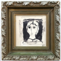 יוסל ברגנר (1920-2017) - 'נערה בחלון', רישום דיו ואקוורל על בד, חתום