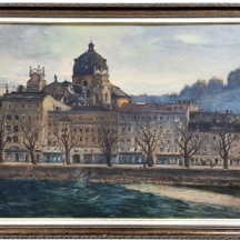 'נוף עם נהר' - ציור עתיק, רישום ואקוורל על לוח, חתום ומתוארך: 1918