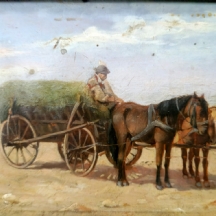 'איכר ועגלת חציר רתומה לשני סוסים' - ציור עתיק שמן על לוח, לא חתום, מסגרת נאה